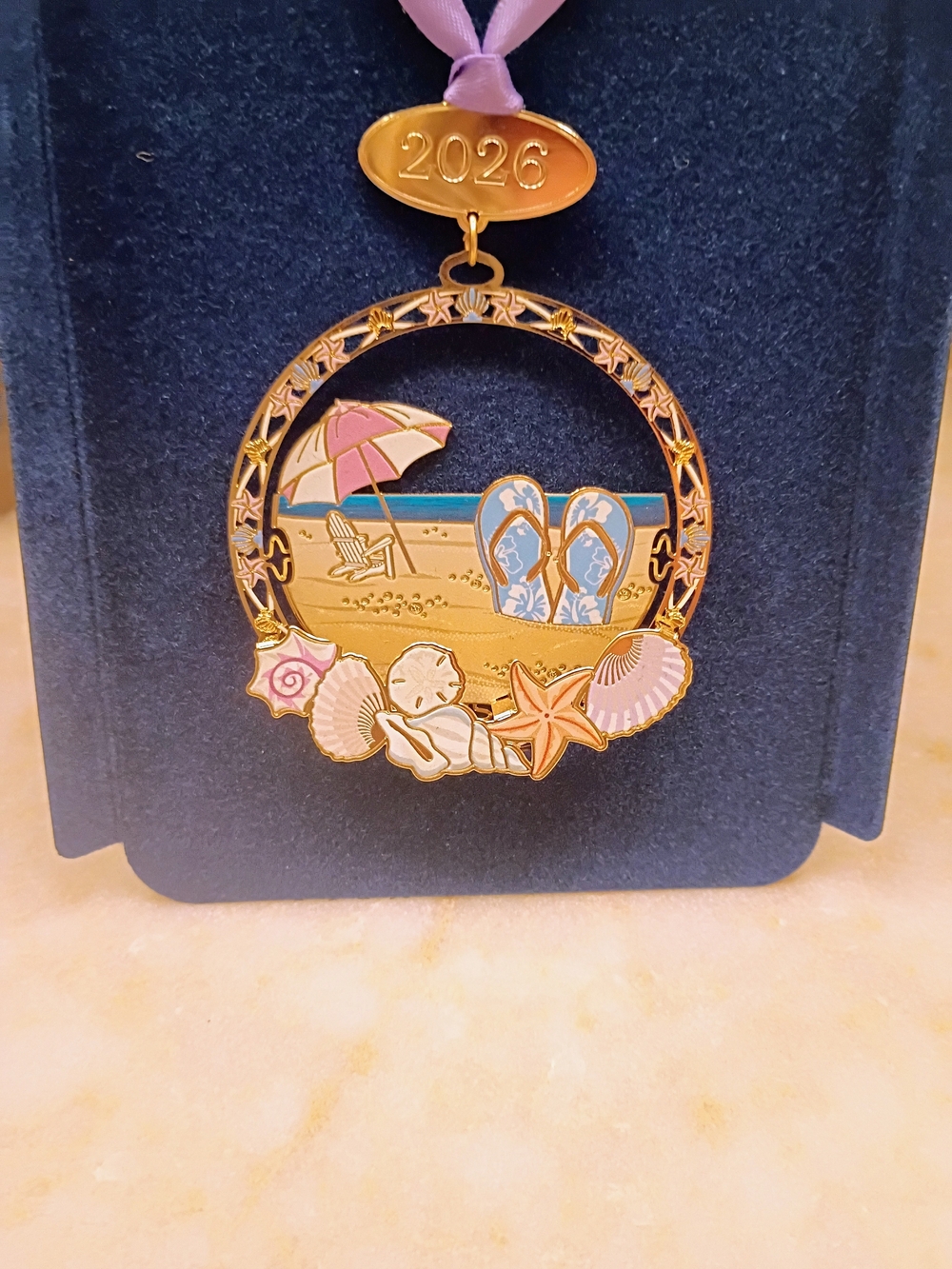 Gold Plated Ornament- Pink and Blue Beach Design